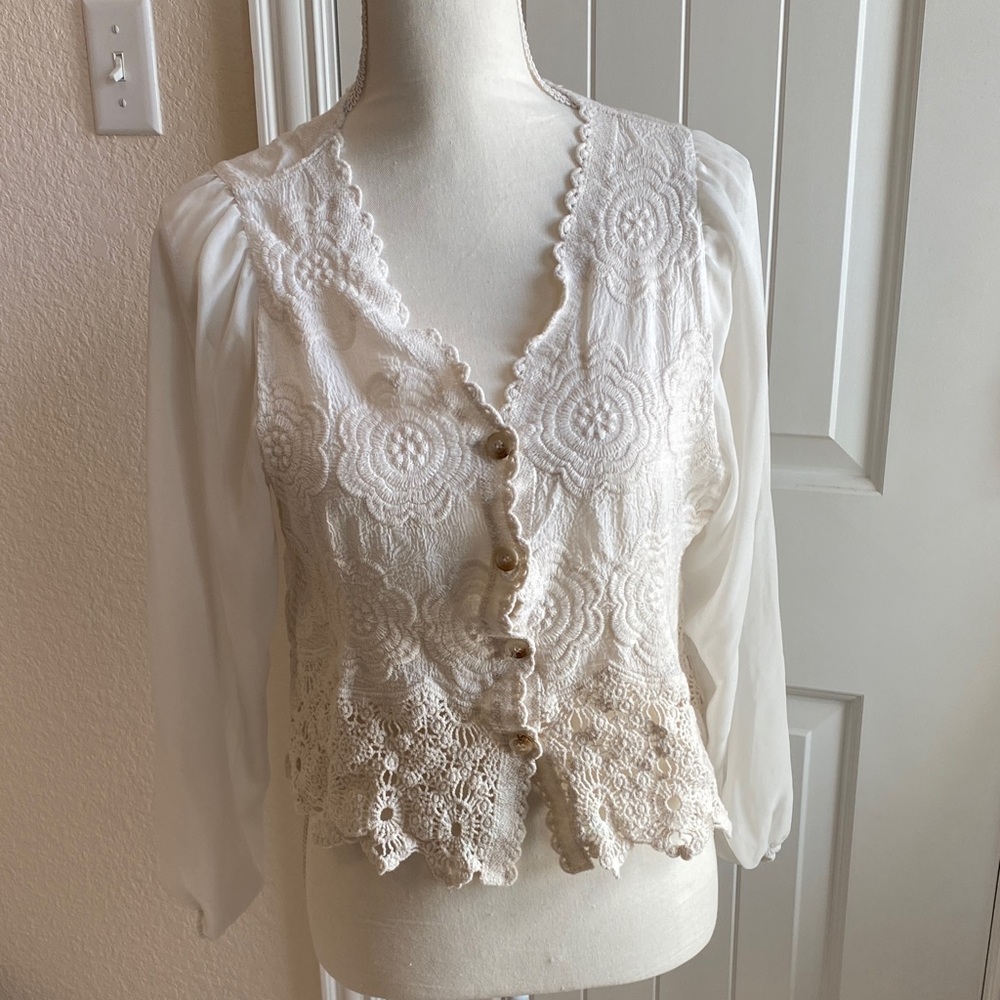 Lace Button-Front Cream Blouse